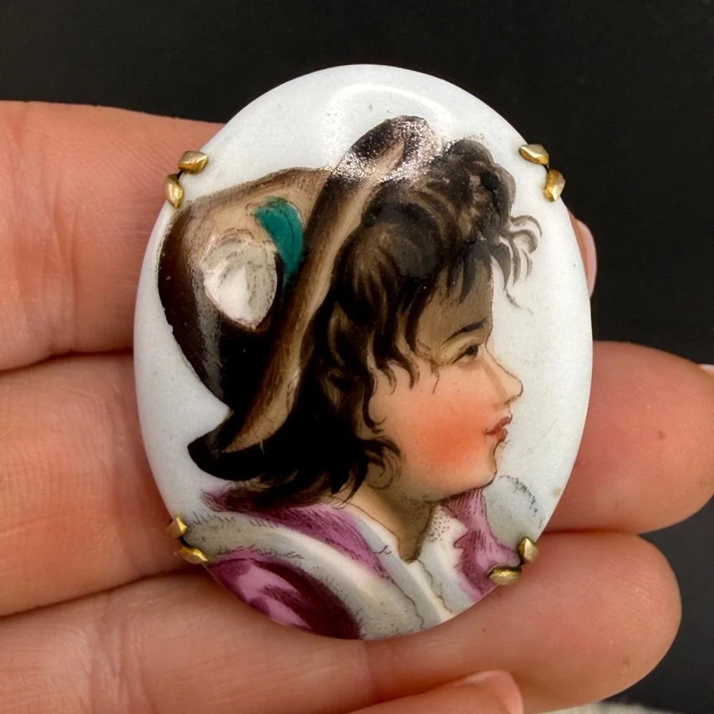 Vintage Victorian Hand Painted Porcelain Brooch Little Girl With Hat